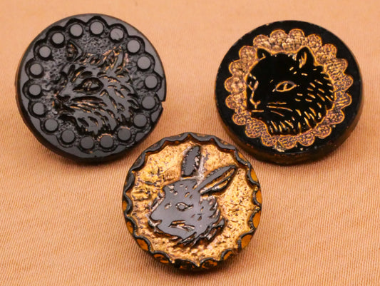 Cat or Bunny Rabbit Mirror Finish Luster Black Glass Antique Button Various 16-18mm