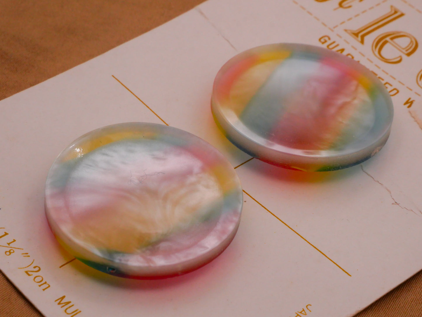 Pastel Rainbow Stripe Vintage Plastic Carded Pair of Buttons 29mm