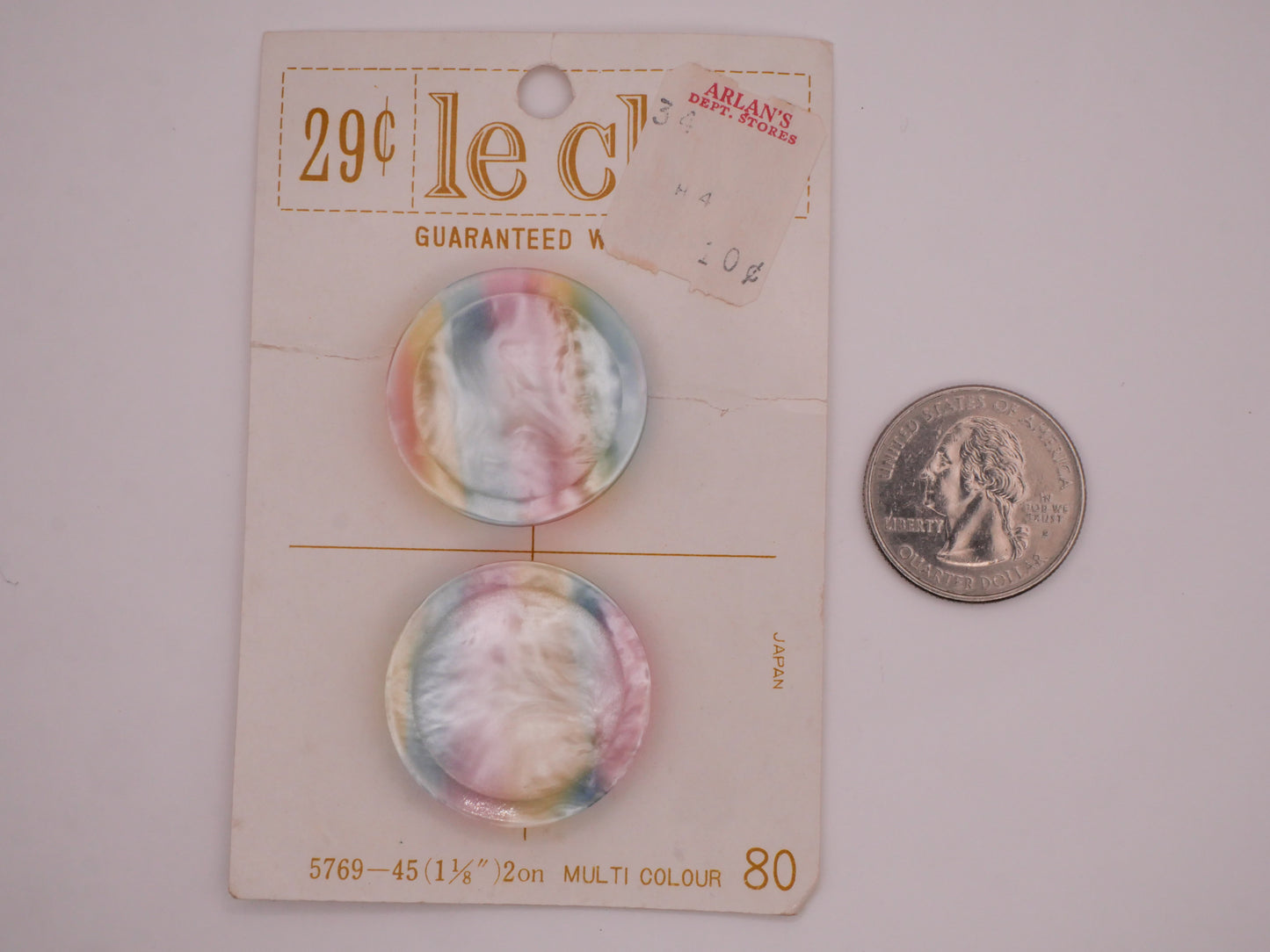 Pastel Rainbow Stripe Vintage Plastic Carded Pair of Buttons 29mm