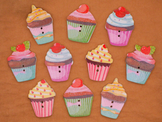 Cupcake Party Food Wood Assorted Set of Ten Buttons 19-27mm