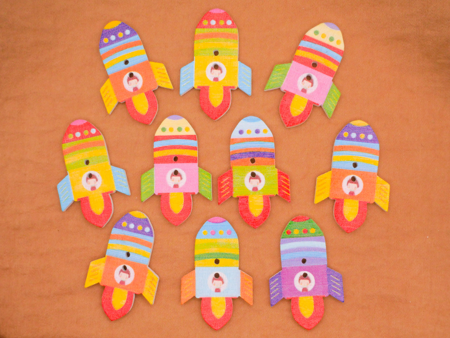 Rocket Ship Spaceship Outer Space Wood Set of Ten Buttons 23x36mm