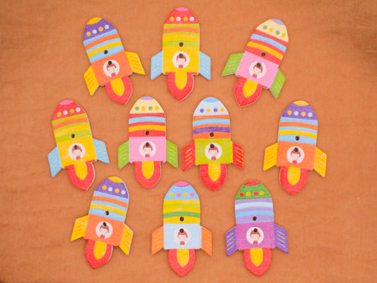 Rocket Ship Spaceship Outer Space Wood Set of Ten Buttons 23x36mm