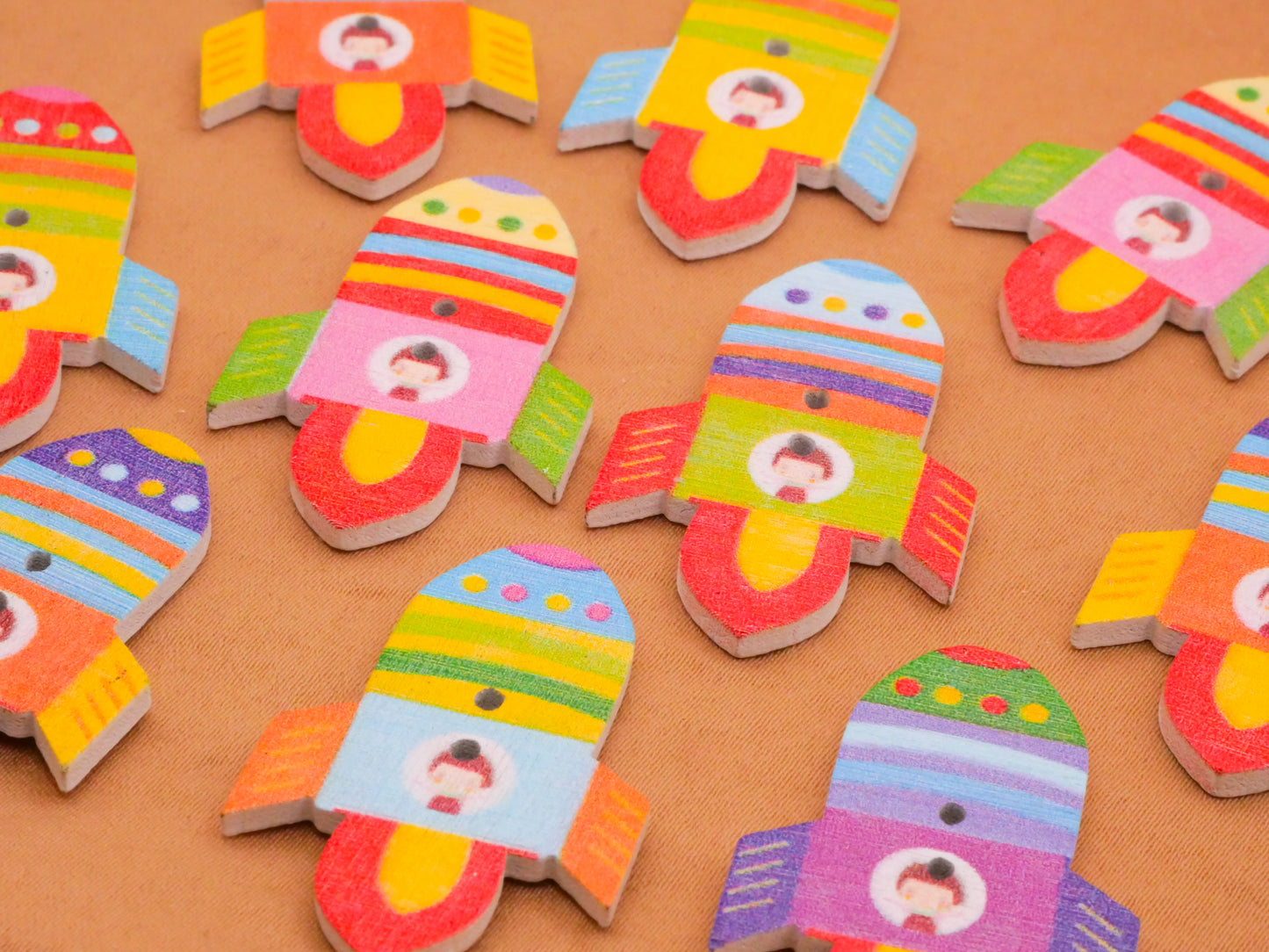 Rocket Ship Spaceship Outer Space Wood Set of Ten Buttons 23x36mm
