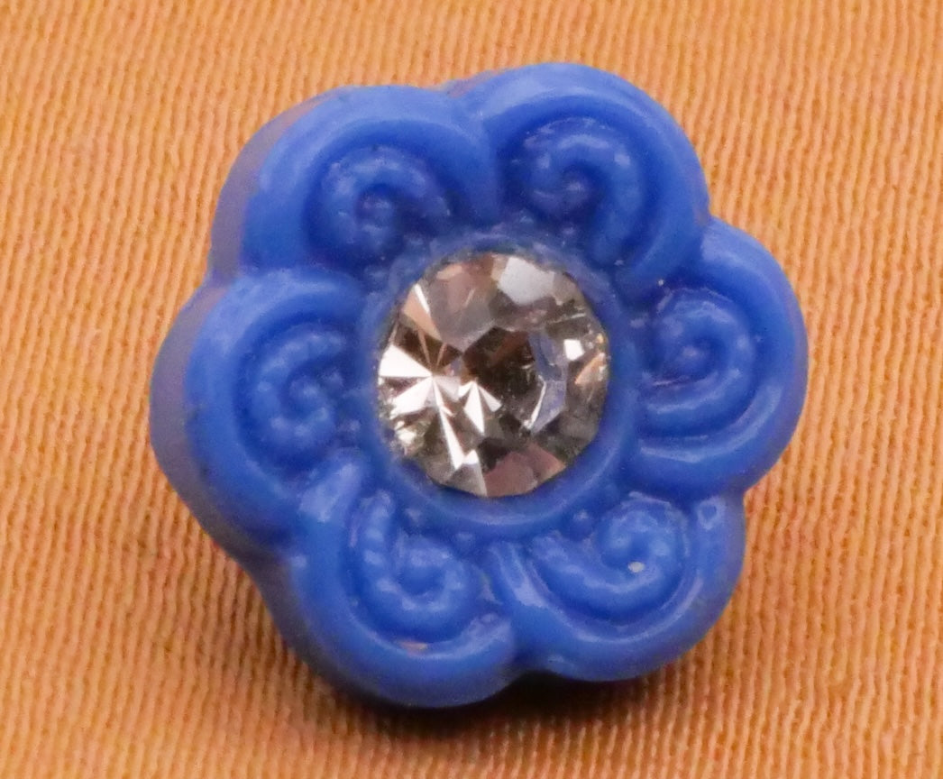 Blue Flower Rhinestone Vintage Glass Carded Button 11mm