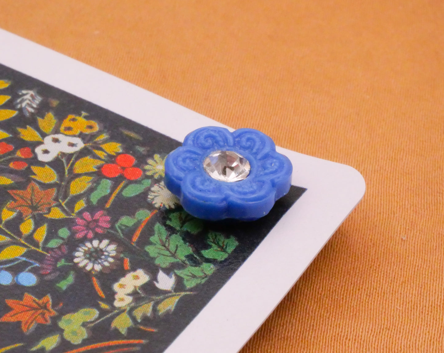Blue Flower Rhinestone Vintage Glass Carded Button 11mm