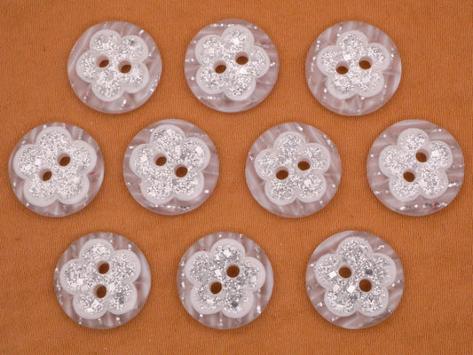 Flower Glitter Design in Plastic Set of Ten Buttons 15mm