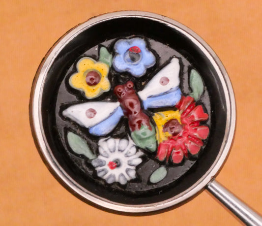 Butterfly Flowers Hand-Painted Black Glass Vintage Button 23mm