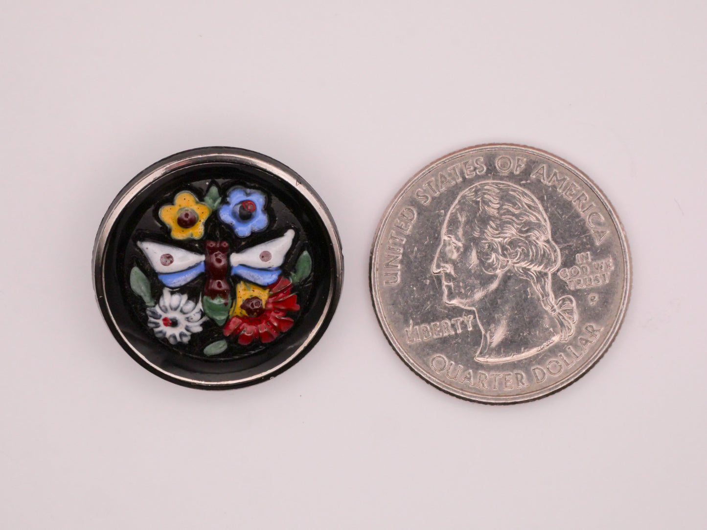 Butterfly Flowers Hand-Painted Black Glass Vintage Button 23mm