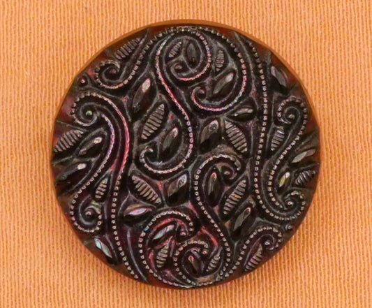 Leaf Scroll Red Purple Tint Luster Black Vintage Glass Button 18mm