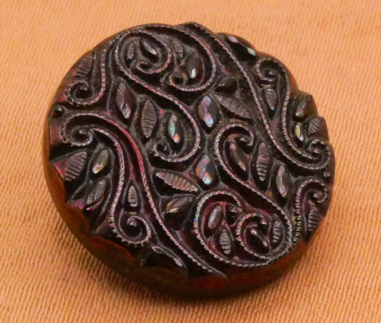 Leaf Scroll Red Purple Tint Luster Black Vintage Glass Button 18mm