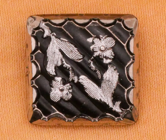 Flower Scallop Edge Square Black Glass Button 17mm