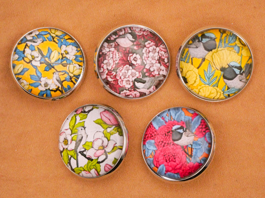 Bird Flowers Illustration Glass Silver Metal Set of Five Buttons Various 20mm