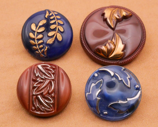 Leaf Leaves Blue or Brown Vintage Glass Button Various 18-23mm