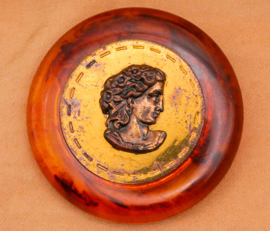 Portrait Lady Metal Center Root Beer Bakelite Early Plastic Large Button 43mm