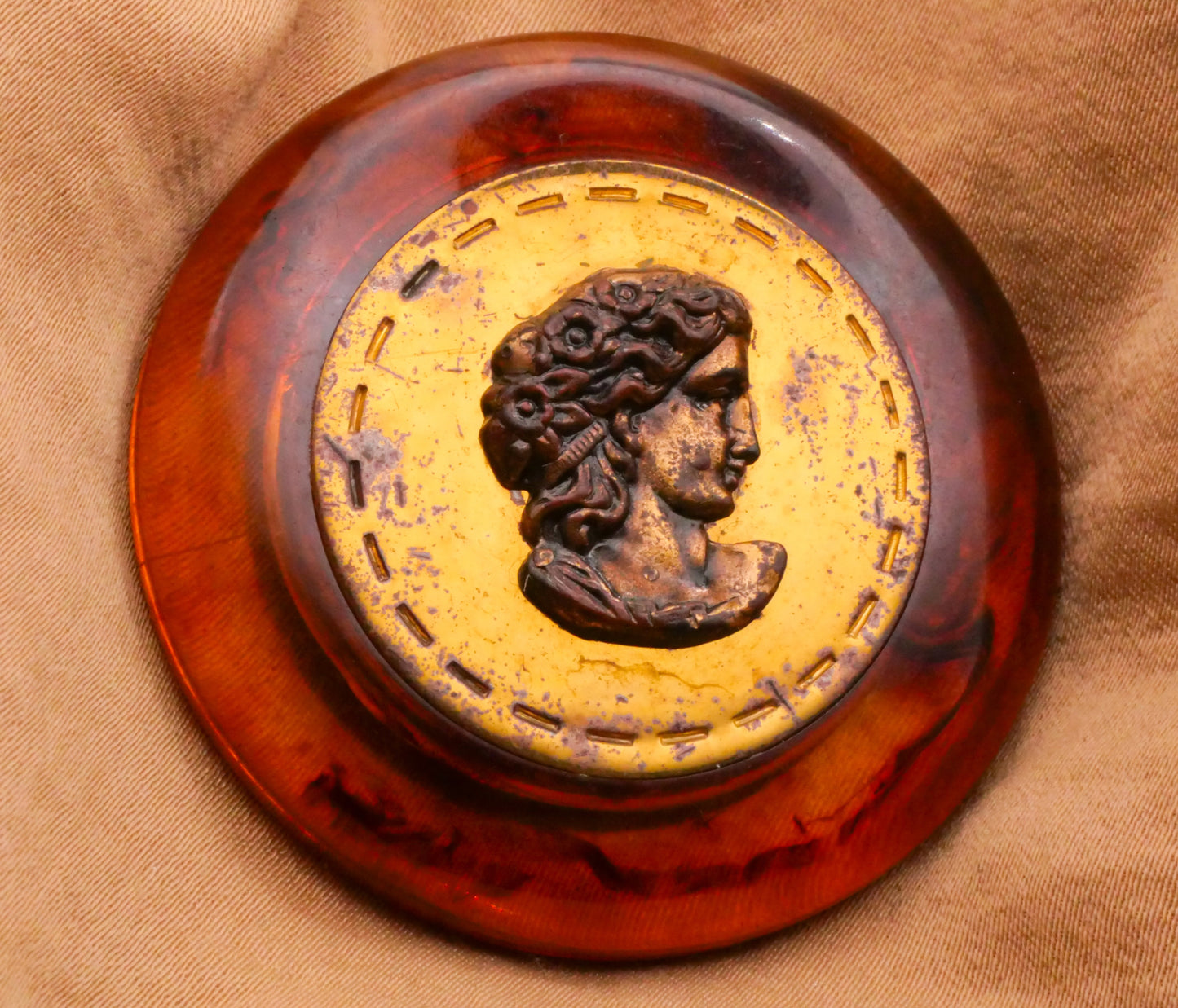 Portrait Lady Metal Center Root Beer Bakelite Early Plastic Large Button 43mm