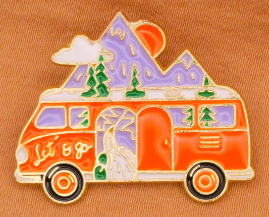 VW Bus Wagon Van Mountain Camping Verbal Enamel Metal Button 24x30mm