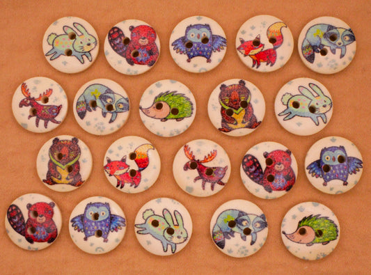 Woodland Creatures Animals Wood Assorted Set of Twenty Buttons 15mm