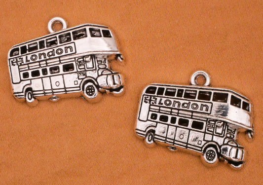 Double Decker Bus London Silver Metal Pair of Charms Embellishments 20x25mm