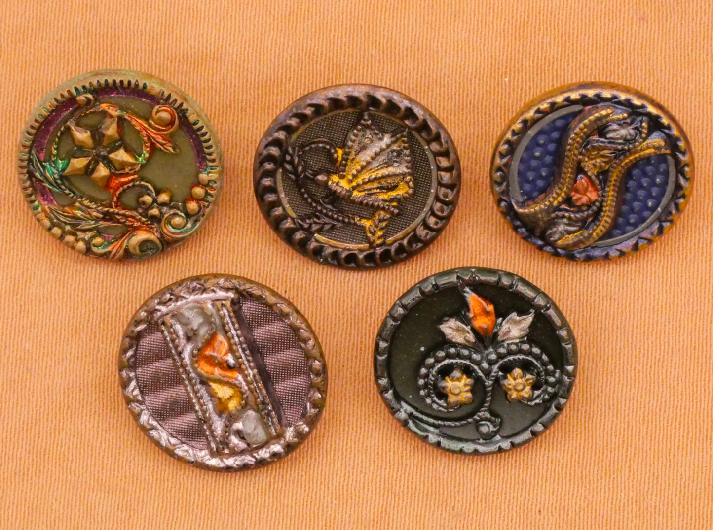 Natural Motif Multi-Color Tinted Victorian Metal Button Various 13-14mm