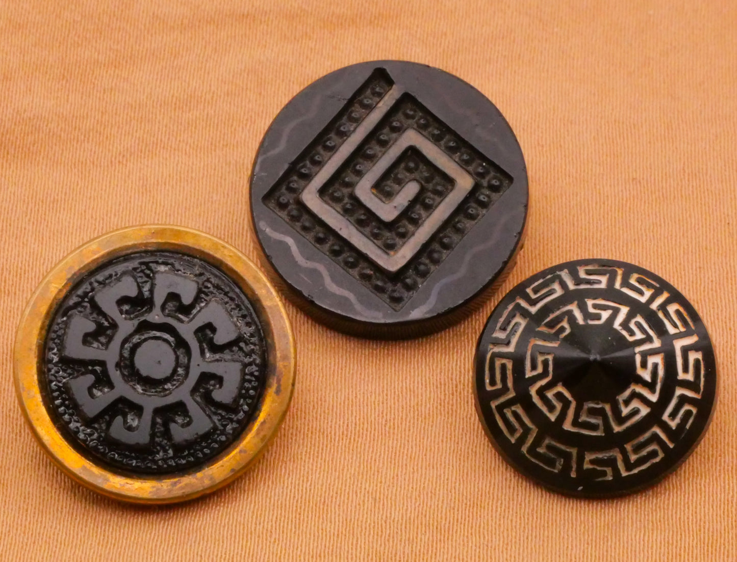 Aztec or Greek Key Look Black Glass Button Various 16-19mm