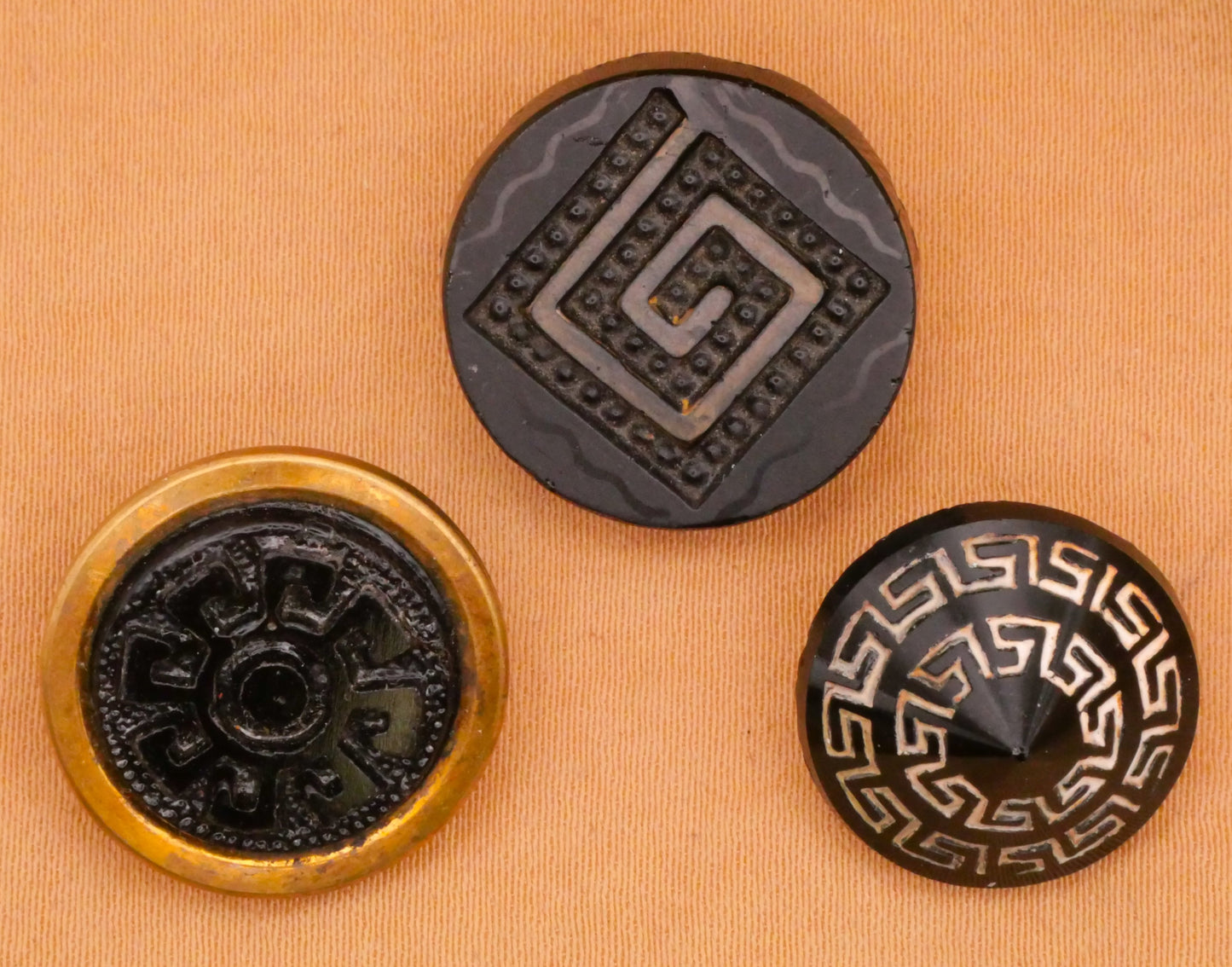 Aztec or Greek Key Look Black Glass Button Various 16-19mm