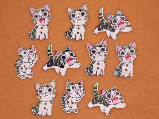 Anime Cat Kitty Wood Assorted Set of Ten Buttons 14-27mm