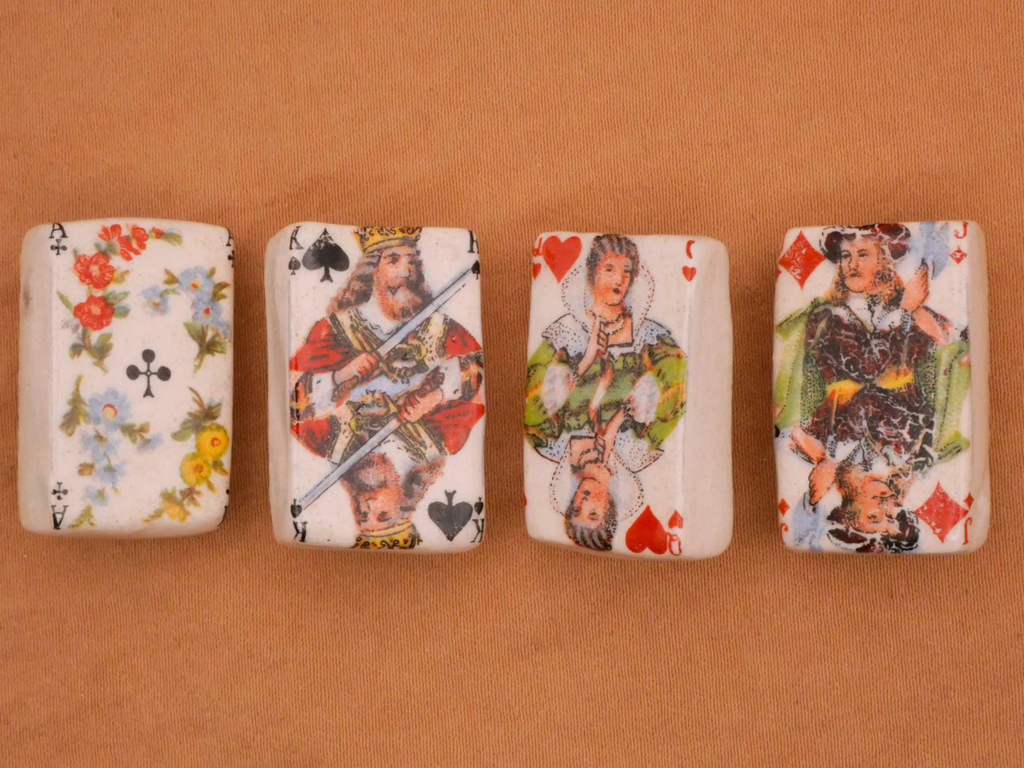 Playing Cards Royalty Ace King Queen Jack Porcelain Ceramic Set of Four Buttons 16x25mm
