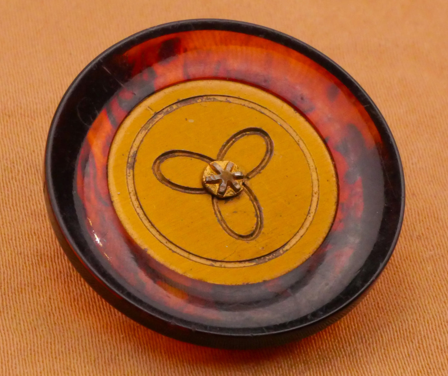 Tortoiseshell Gold Fan Triad Vintage Plastic Button 28mm