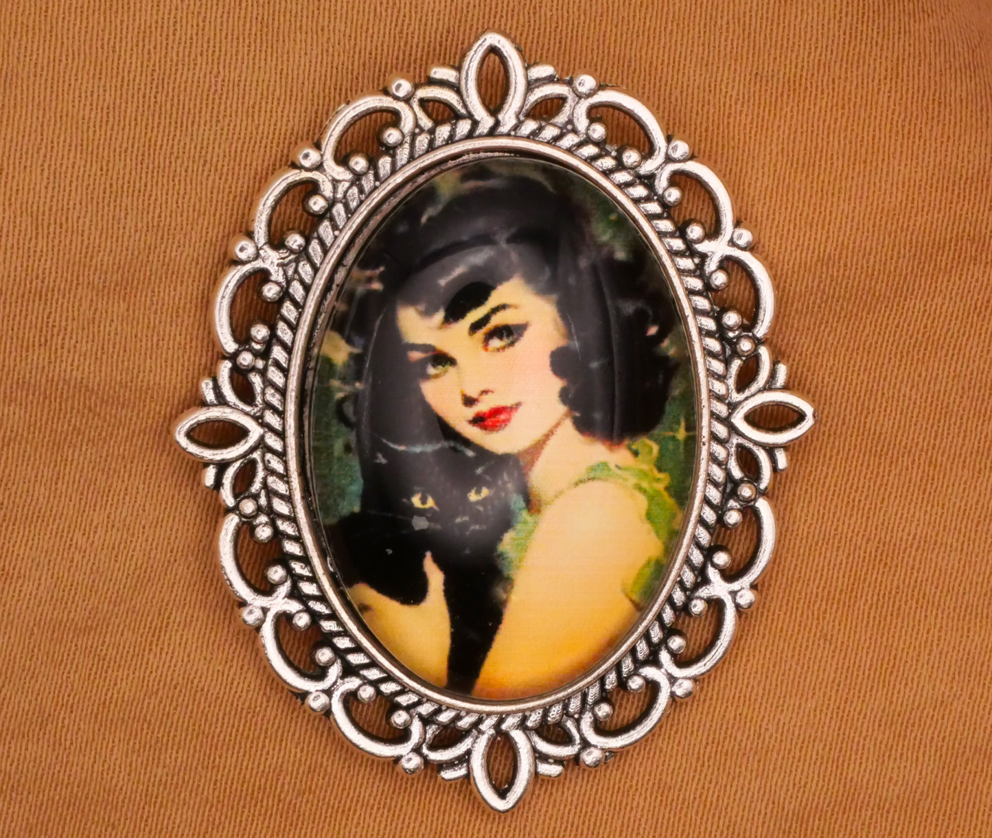 Black Cat Girl Portrait Lace Look Silver Metal Glass Large Button 30x36mm