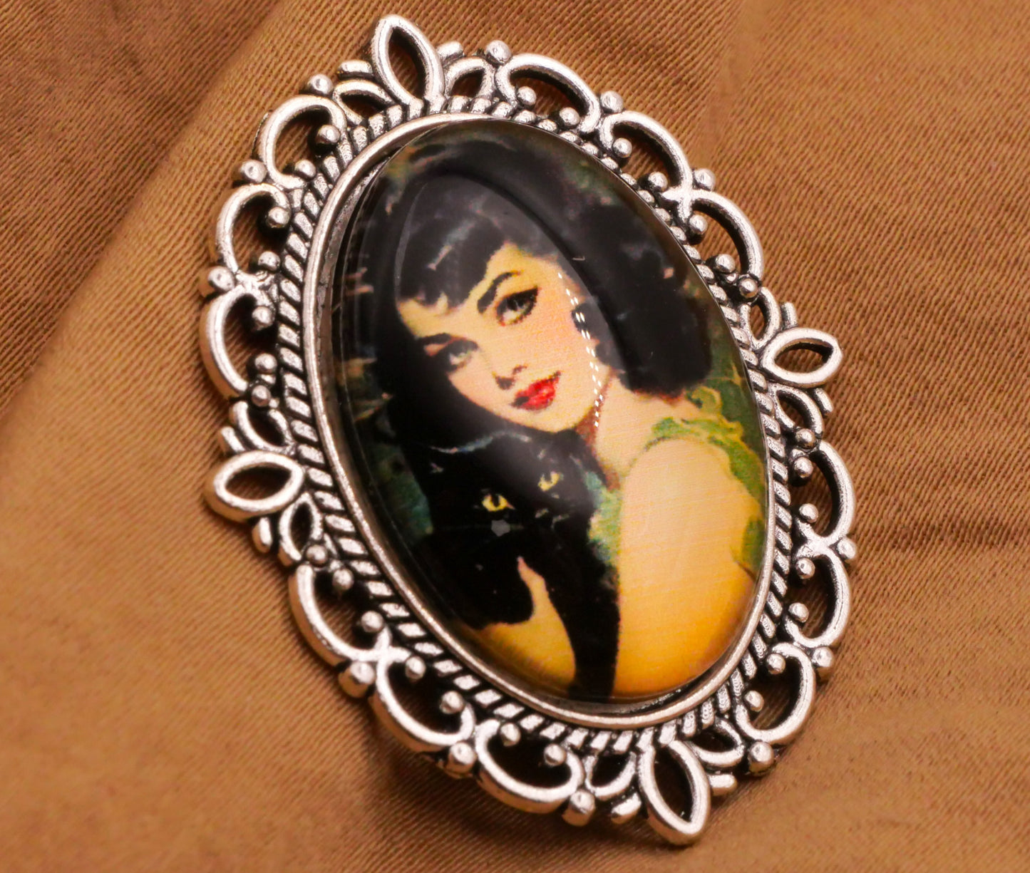 Black Cat Girl Portrait Lace Look Silver Metal Glass Large Button 30x36mm