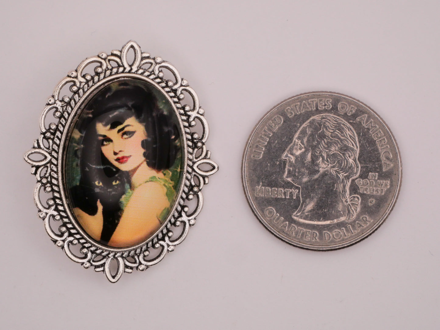 Black Cat Girl Portrait Lace Look Silver Metal Glass Large Button 30x36mm