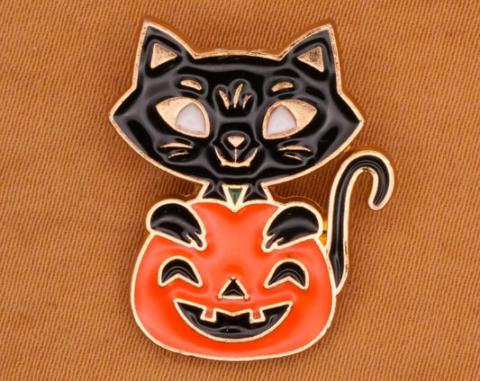Black Cat Jack O' Lantern Pumpkin Enamel Metal Button 19x23mm