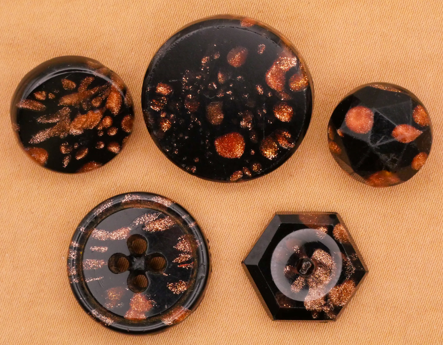 Orange Glitter Black Glass Antique Button Various 14-22mm
