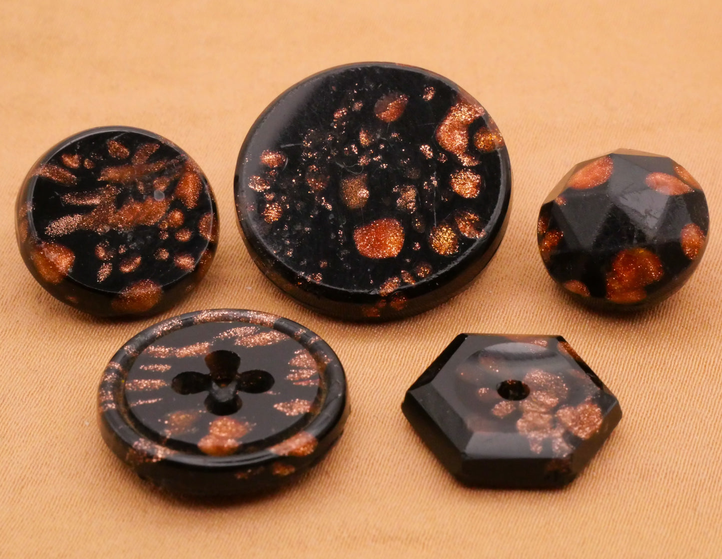 Orange Glitter Black Glass Antique Button Various 14-22mm