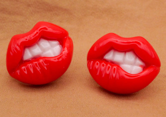 Biting Lips Mouth Red Plastic Pair of Buttons 16x20mm