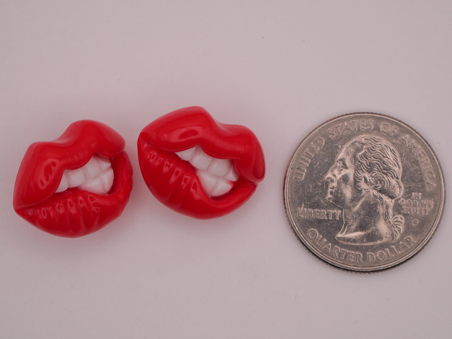 Biting Lips Mouth Red Plastic Pair of Buttons 16x20mm