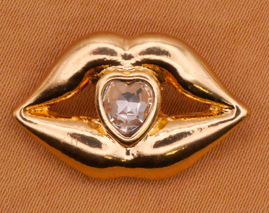Lips Mouth Heart Rhinestone Gold Metal Button 14x22mm