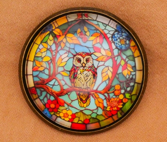 Owl Bird Stained Glass Look Dome Bronze Metal Button 28mm