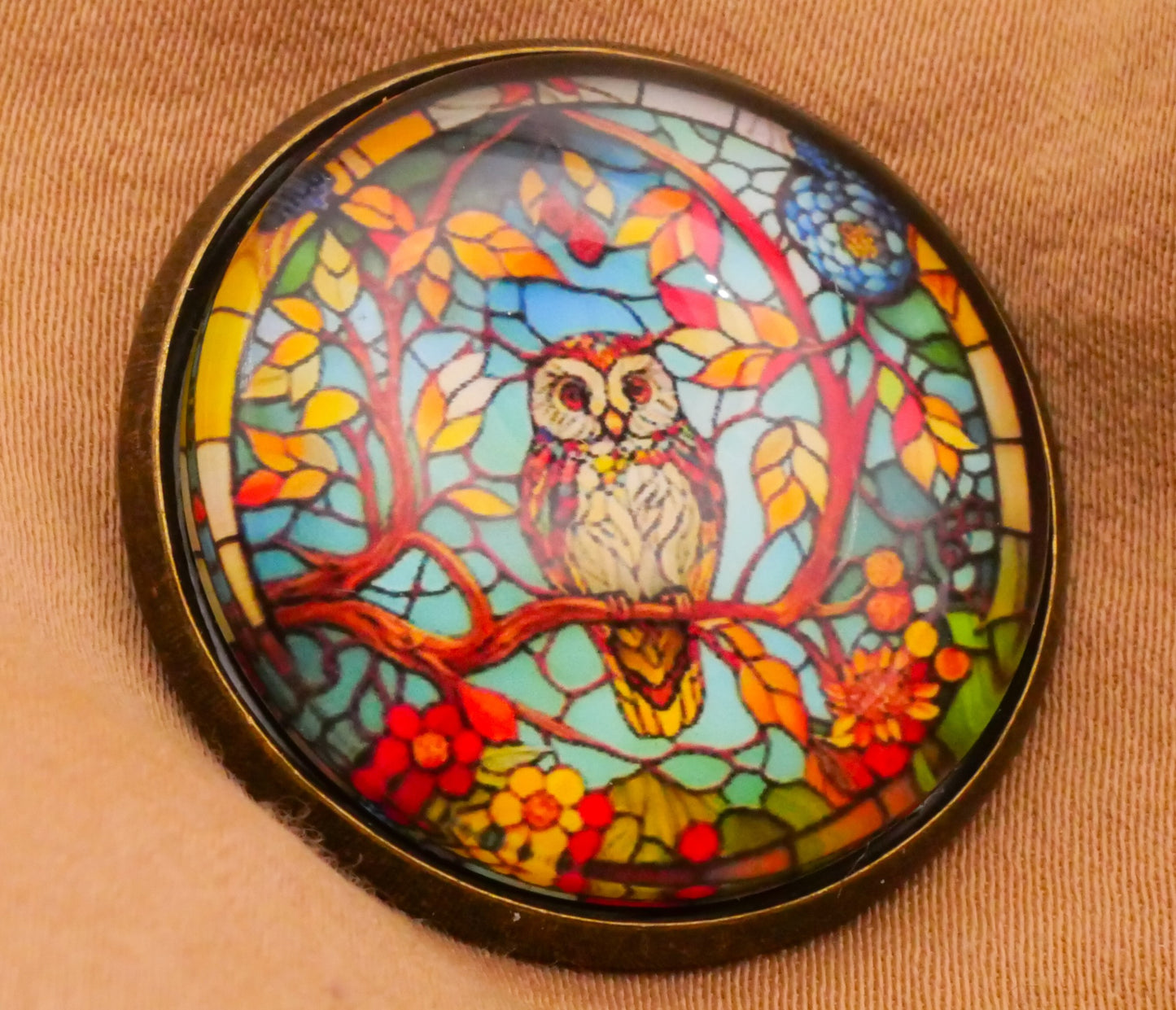 Owl Bird Stained Glass Look Dome Bronze Metal Button 28mm