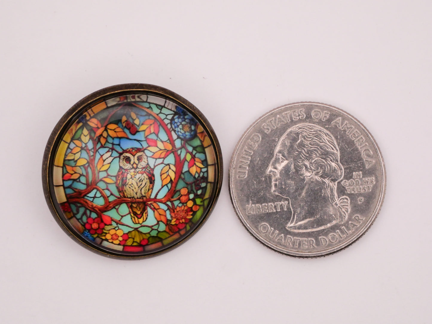 Owl Bird Stained Glass Look Dome Bronze Metal Button 28mm