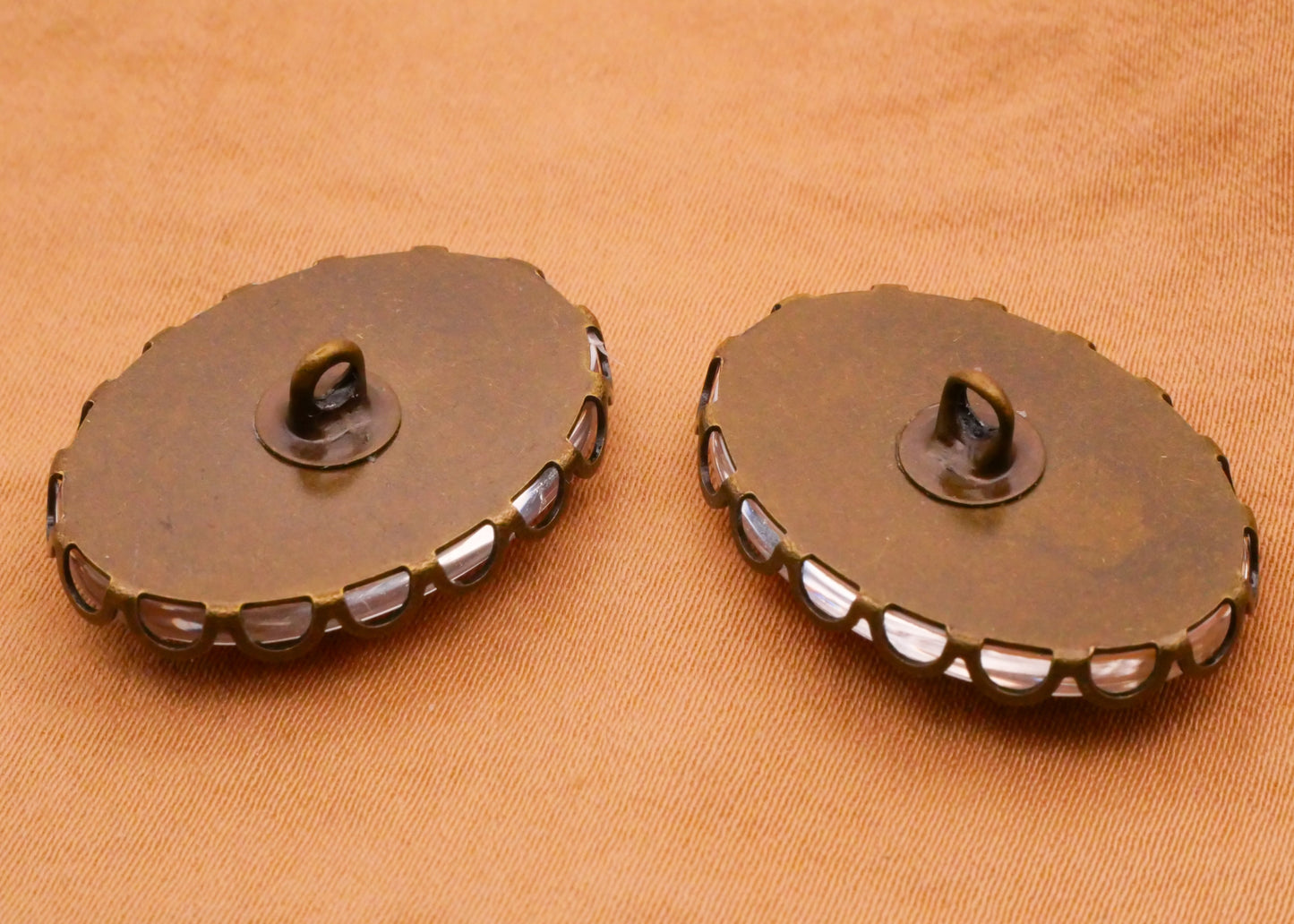 Pin-Up Girl Photographer or Bobbing For Apples Oval Glass Dome Bronze Metal Button Various 19x26mm