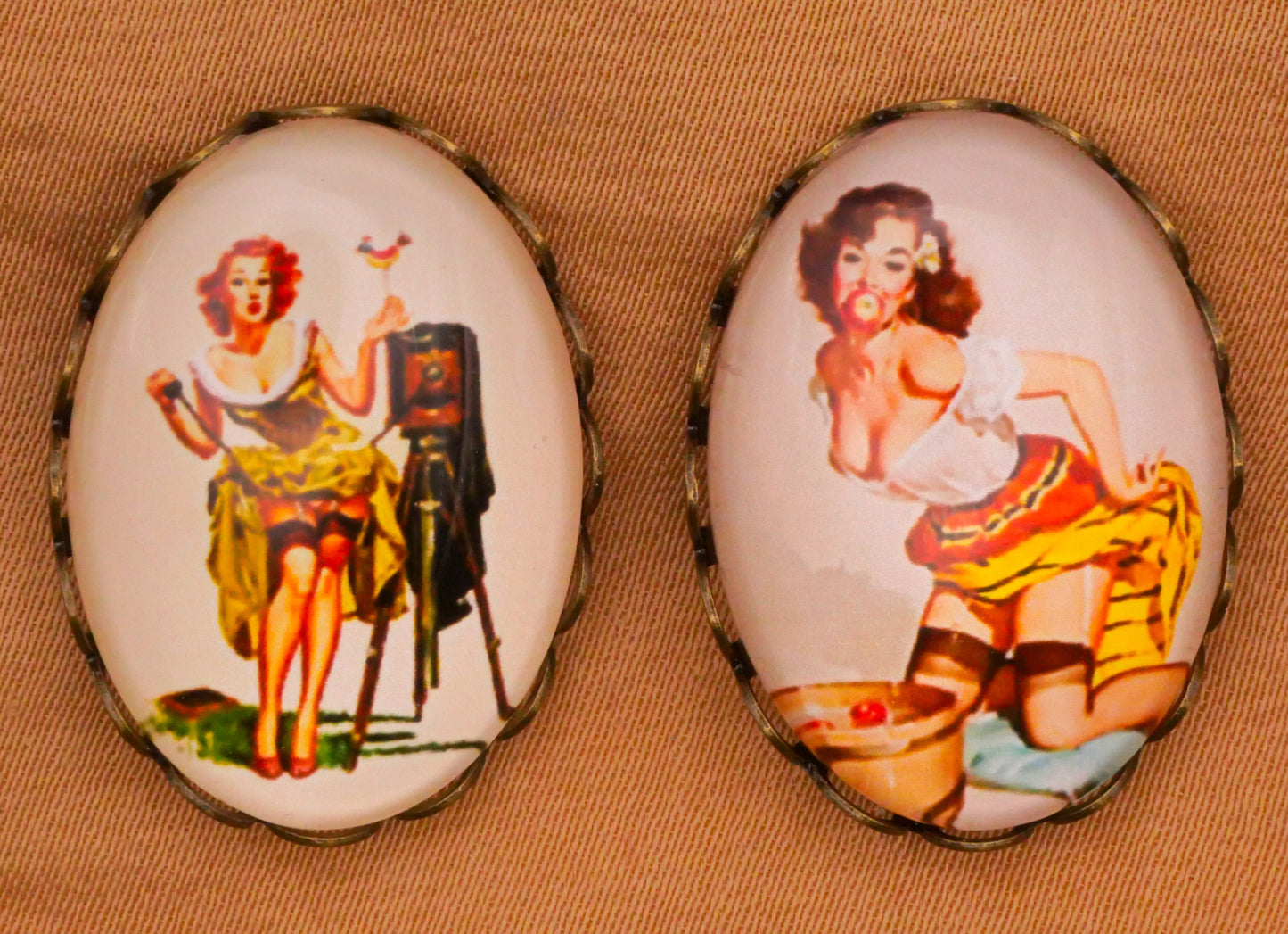 Pin-Up Girl Photographer or Bobbing For Apples Oval Glass Dome Bronze Metal Button Various 19x26mm