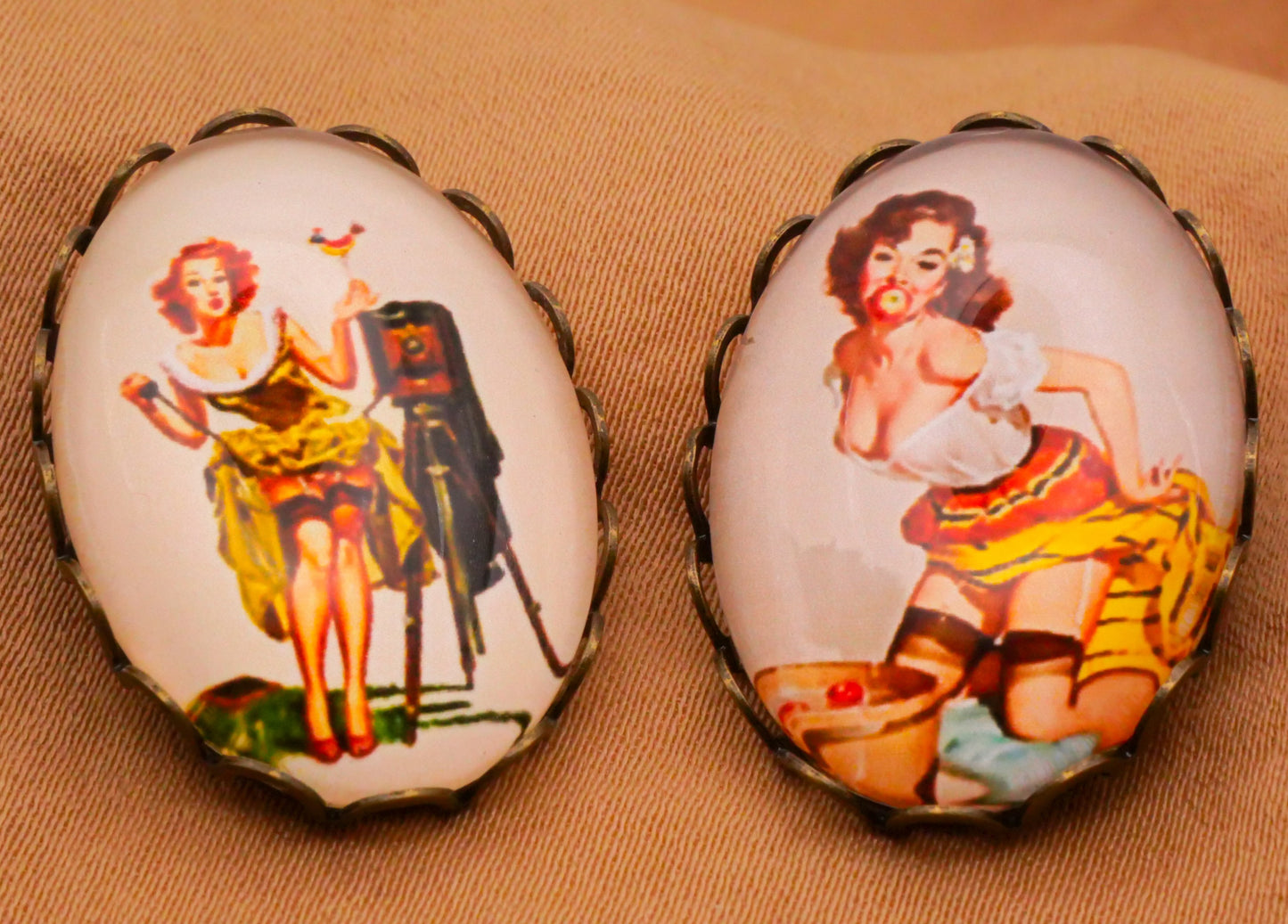 Pin-Up Girl Photographer or Bobbing For Apples Oval Glass Dome Bronze Metal Button Various 19x26mm