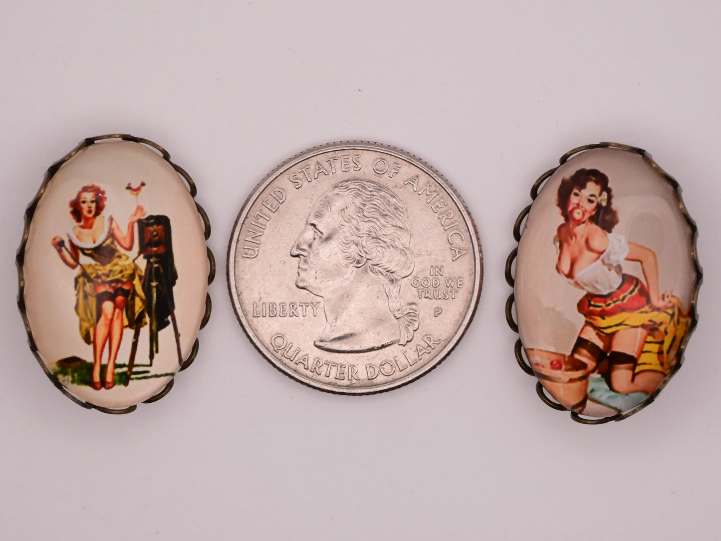 Pin-Up Girl Photographer or Bobbing For Apples Oval Glass Dome Bronze Metal Button Various 19x26mm