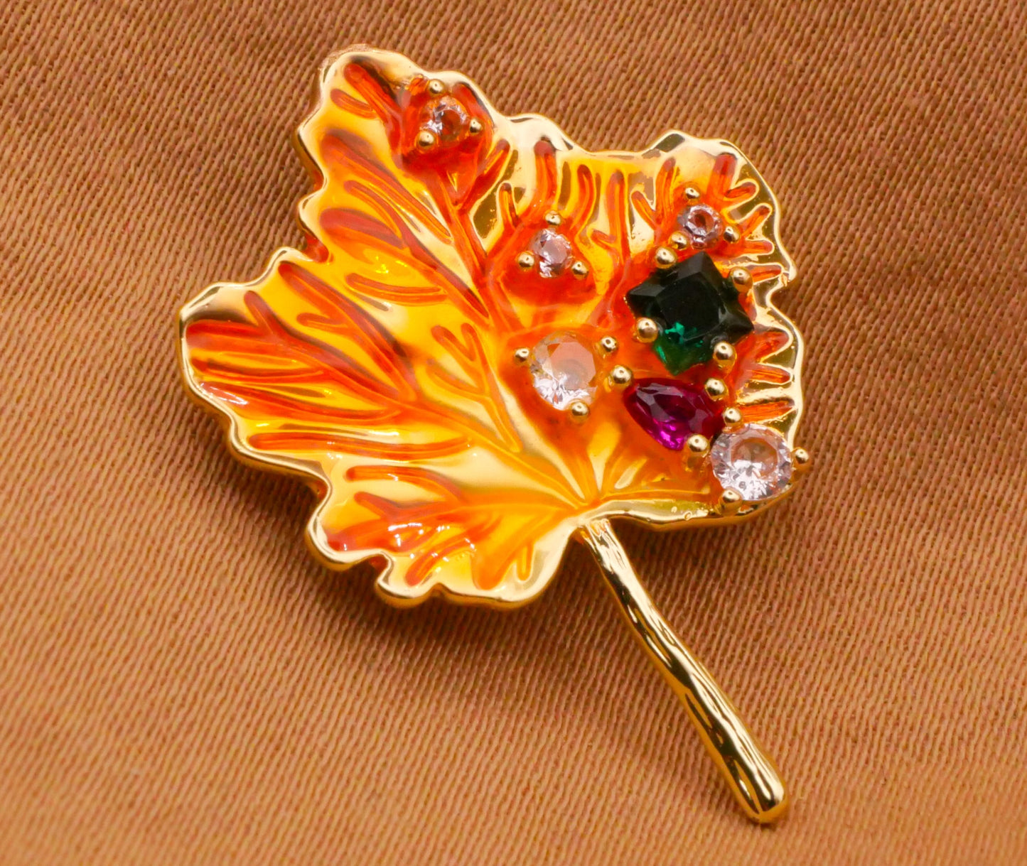 Leaf Maple Enamel Rhinestone Metal Button 20x27mm