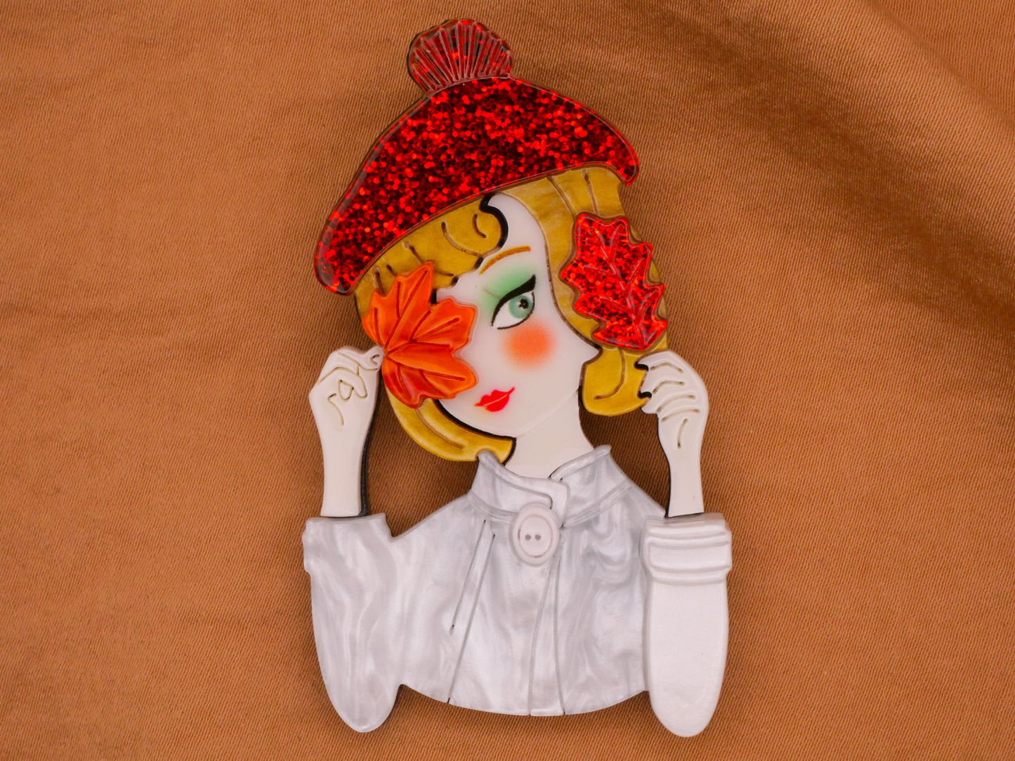 Woman Girl Portrait Glitter Beret Leaves Large Acrylic Plastic Button 38x66mm