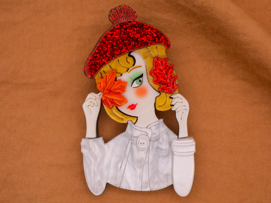 Woman Girl Portrait Glitter Beret Leaves Large Acrylic Plastic Button 38x66mm