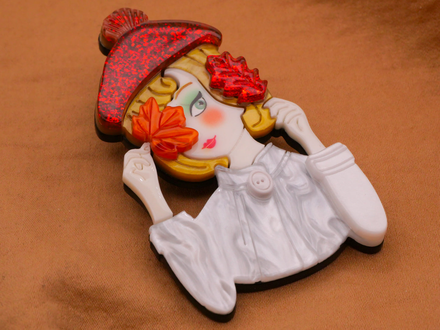 Woman Girl Portrait Glitter Beret Leaves Large Acrylic Plastic Button 38x66mm