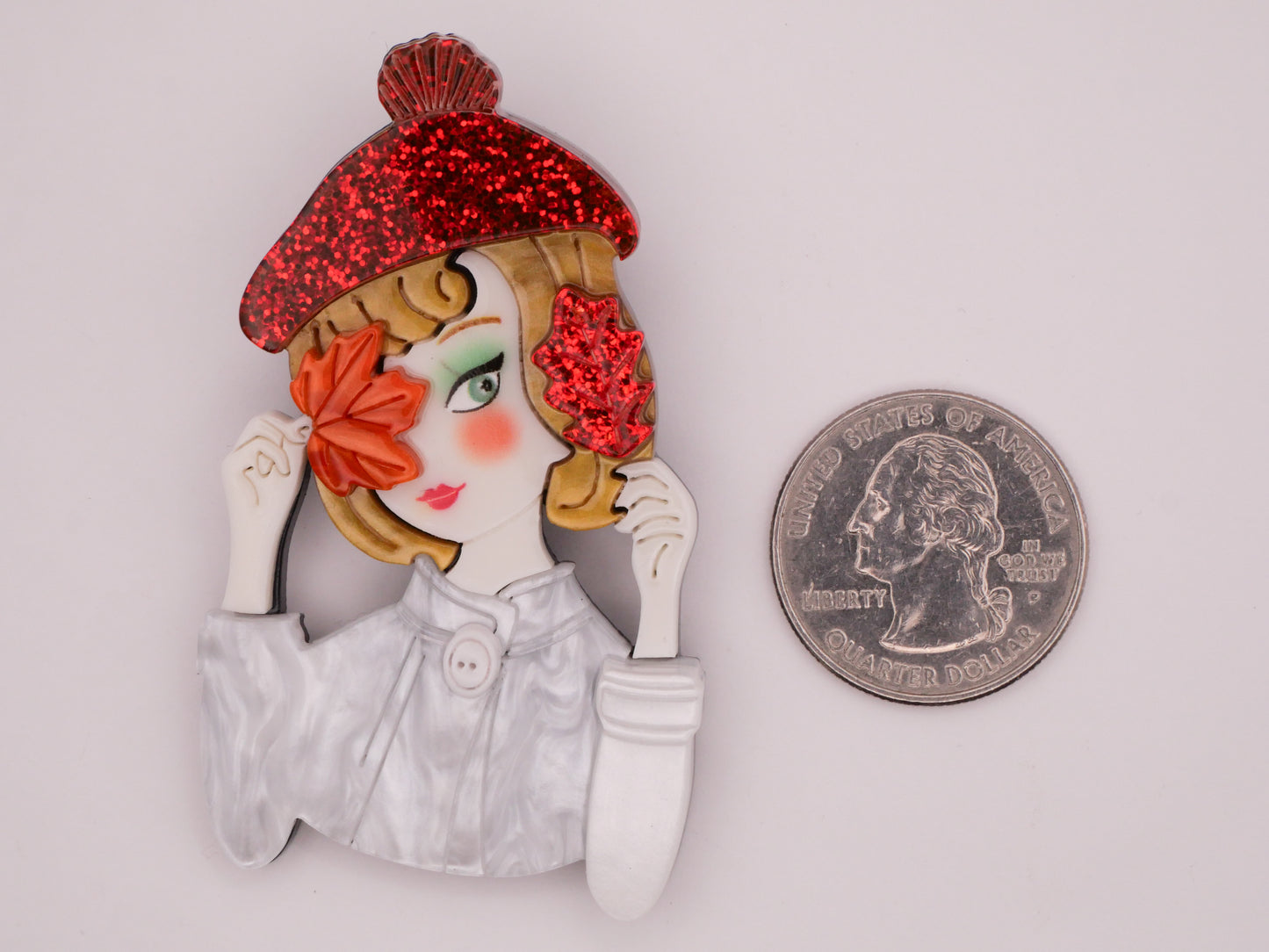 Woman Girl Portrait Glitter Beret Leaves Large Acrylic Plastic Button 38x66mm