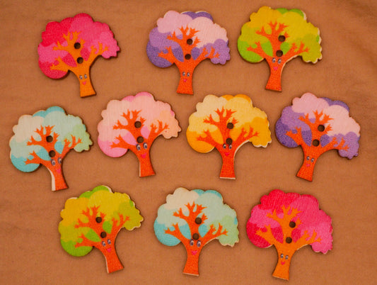 Tree Colorful Fall Wood Assorted Set of Ten Buttons 28mm